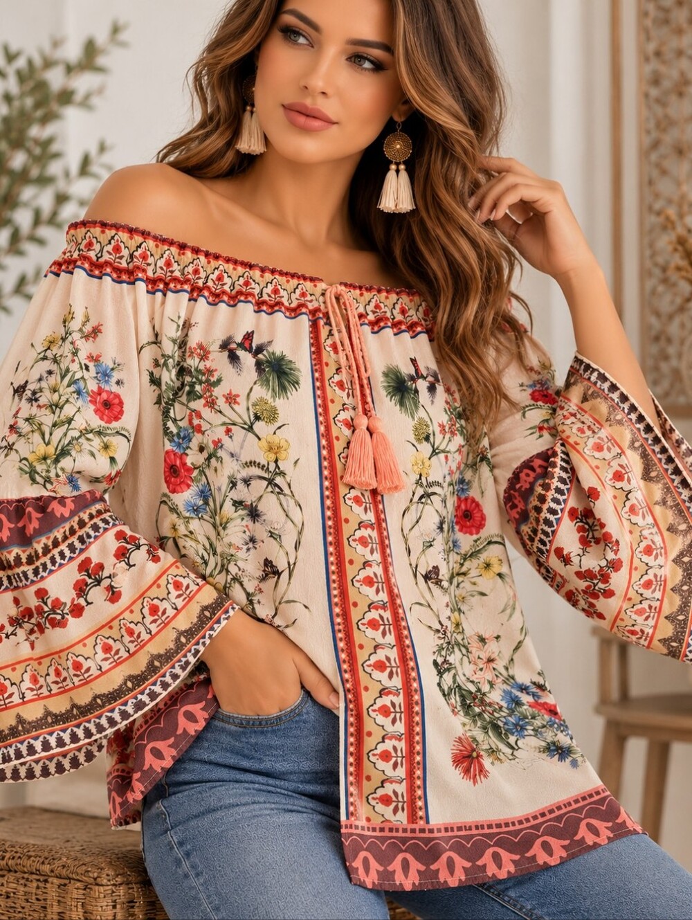 Boho Floral Off Shoulder Bell Sleeve Peasant Blouse Tassel Tie Size L
